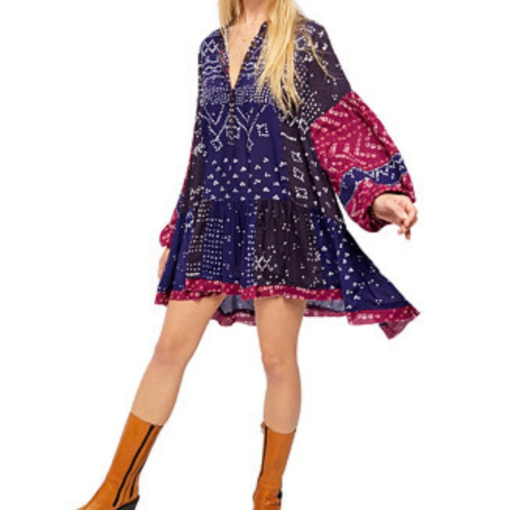 Free People Shibori Swing / Baby Doll Mini Dress with Balloon (Puff) Sleeves